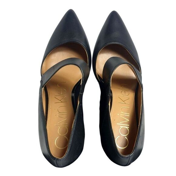 Calvin Klein Womens Pumps 7 Black Ginostra Leather Pointed-Toe Gold Accent  Heel - Picture 5 of 8